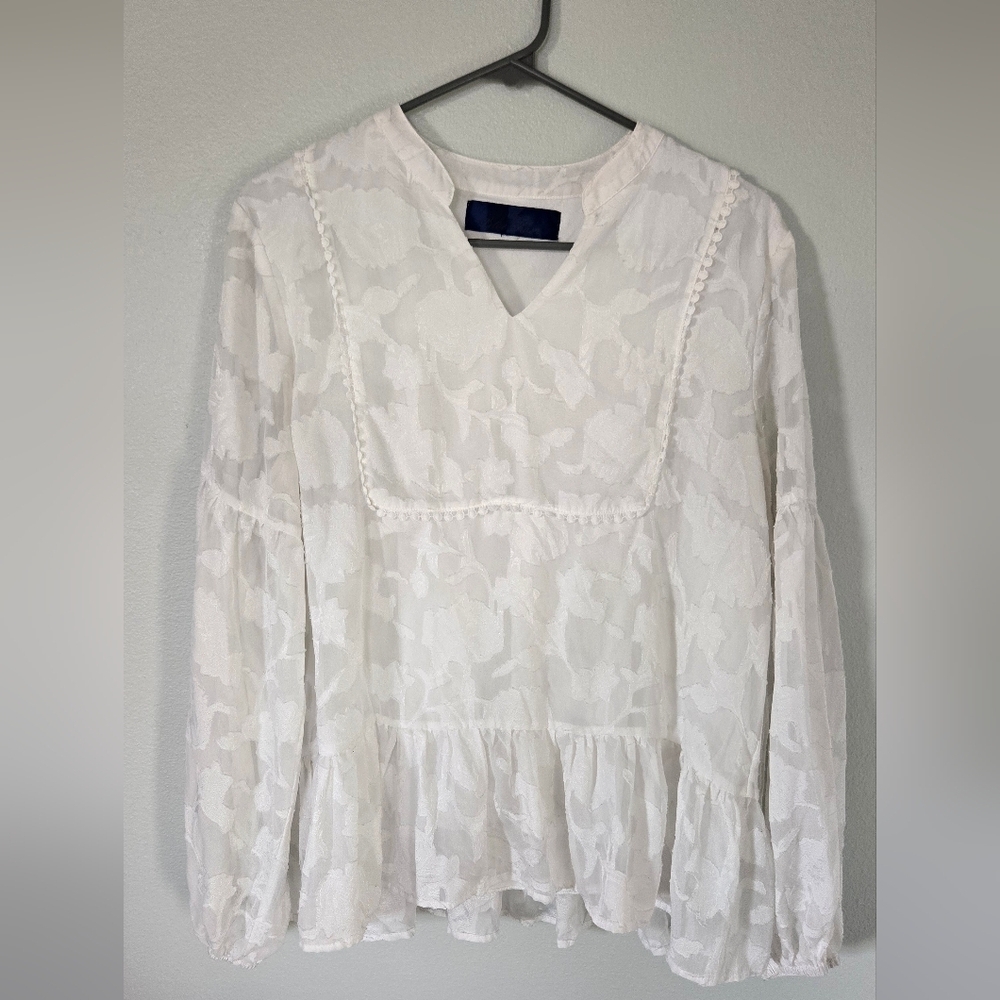 Blue Rain White Floral Jacquard V-Neck Peplum Blouse